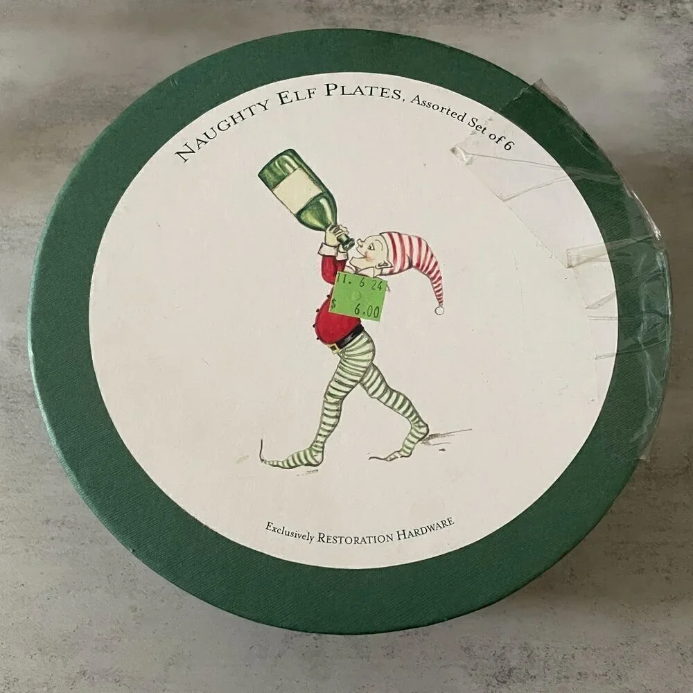 Restoration Hardware Christmas Naughty Elf 6 Salad Plates Boxed RARE Vintage